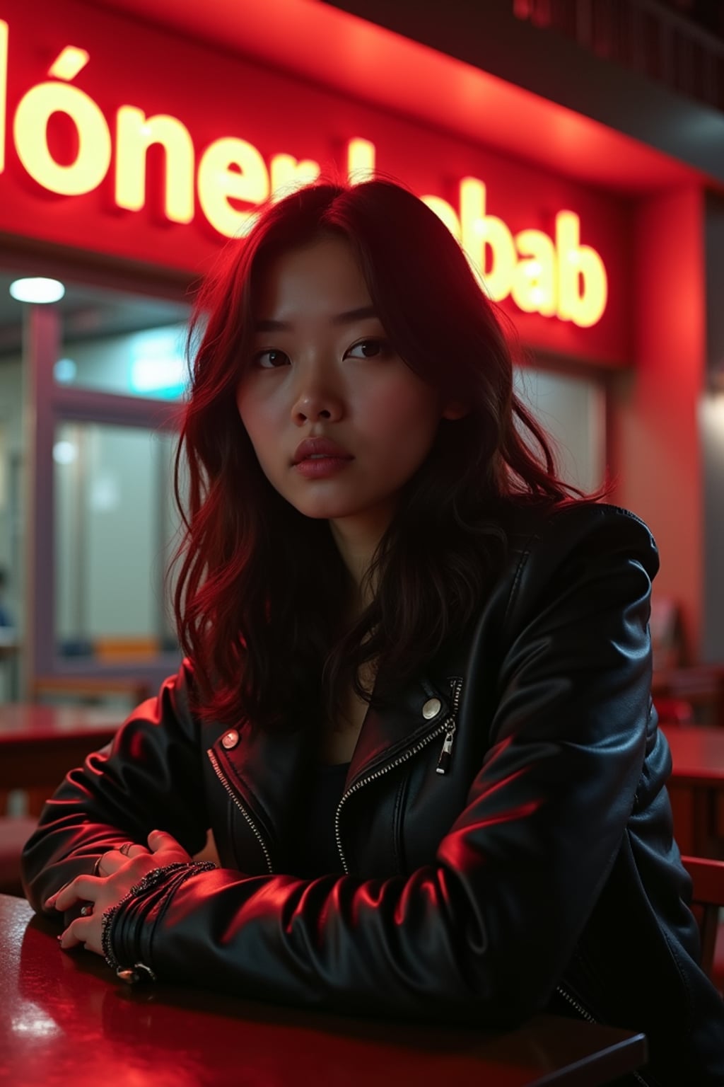 woman sitting at an indoor Doner Kebab Takeaway Restaurant at night. the woman wears black leather jacket. neon light say "döner kebab" in caps.