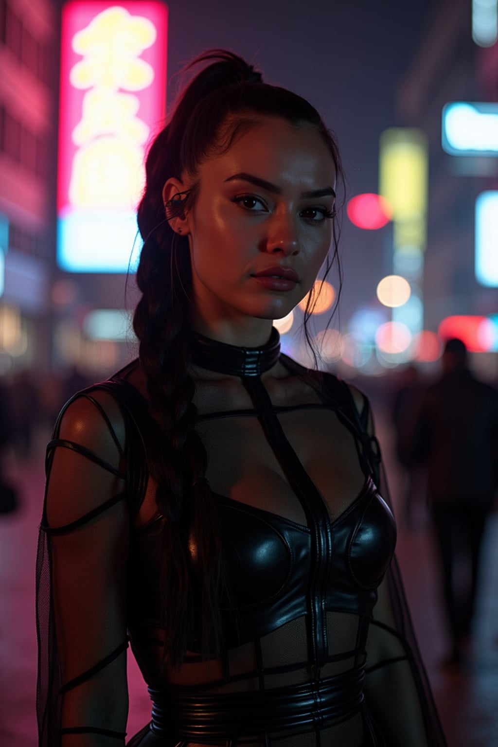 woman outside techno party outside berghain night club in berlin at night. the woman wears black sheer leather dress with a lot of cut outs, futuristic techno design. clean cuts. hair in futuristic braids.