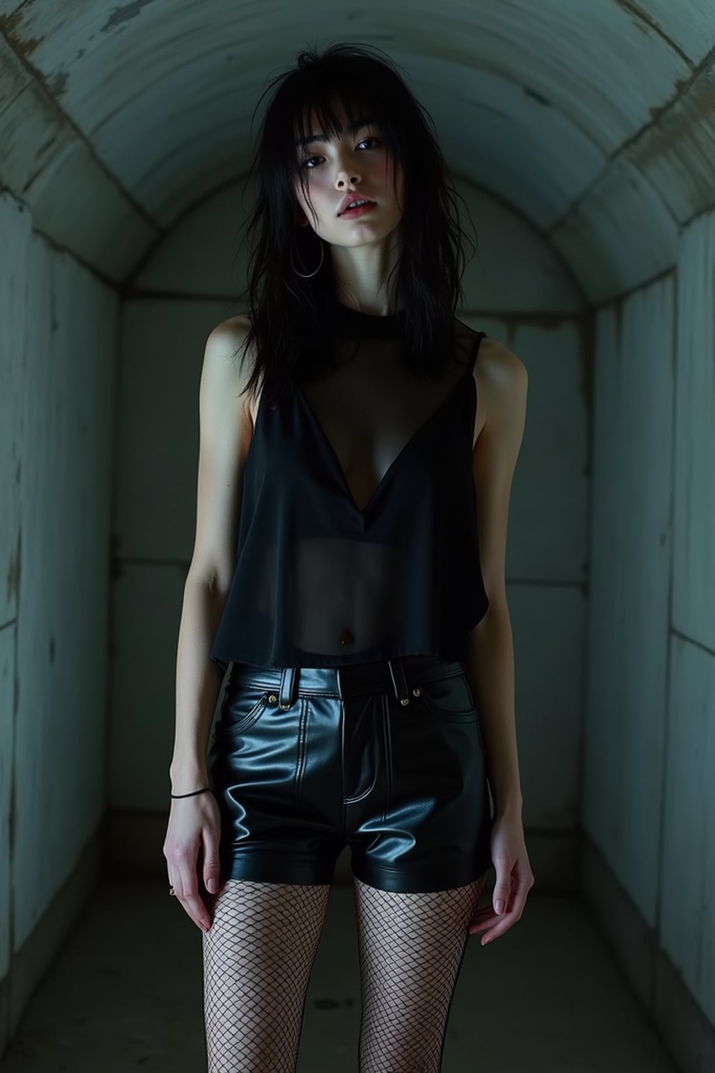 woman at techno party in berghain night club in berlin. the night club has concrete walls and is very minimalist. at night. the woman wears a black sheer top, black leather shorts, black mesh fishnet stockings. and black boots.