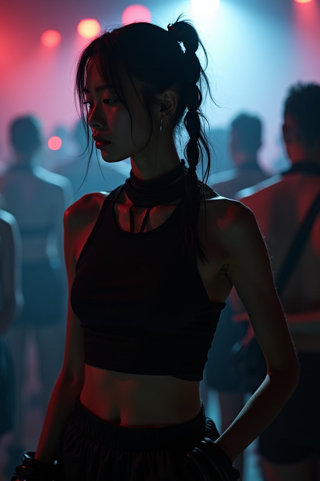 woman at techno party in Berghain night club in Berlin. at night. woman wears black yoga shorts, black sleeveless high neck top, and black combat boots. pigtails