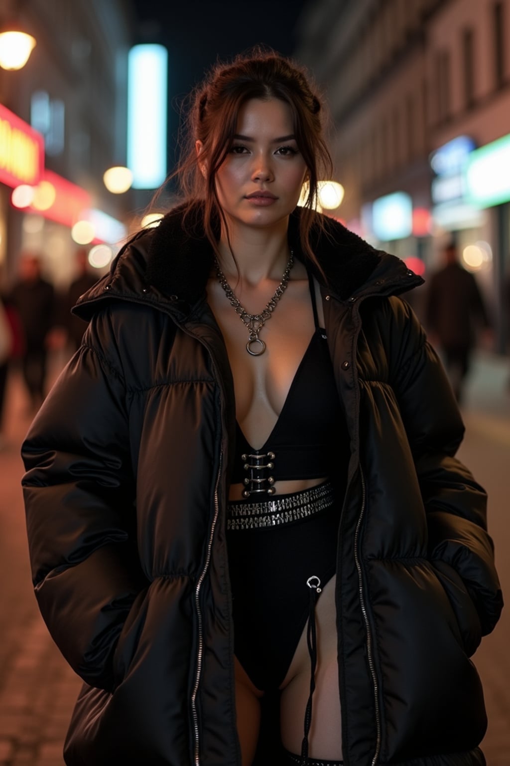 woman, wearing oversized black puffer coat outside night club in berlin at night. underneath puffer coat she wears black swimsuit or bodysuit with garter straps, garter belts, bdsm harness, metal chains, braided knots hairstyle