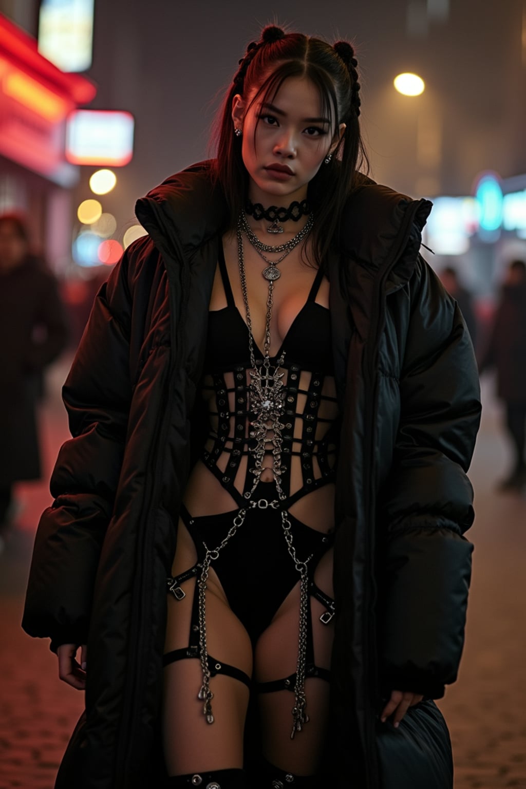 woman, wearing oversized black puffer coat outside night club in berlin at night. underneath puffer coat she wears black swimsuit or bodysuit with garter straps, garter belts, bdsm harness, metal chains, braided knots hairstyle