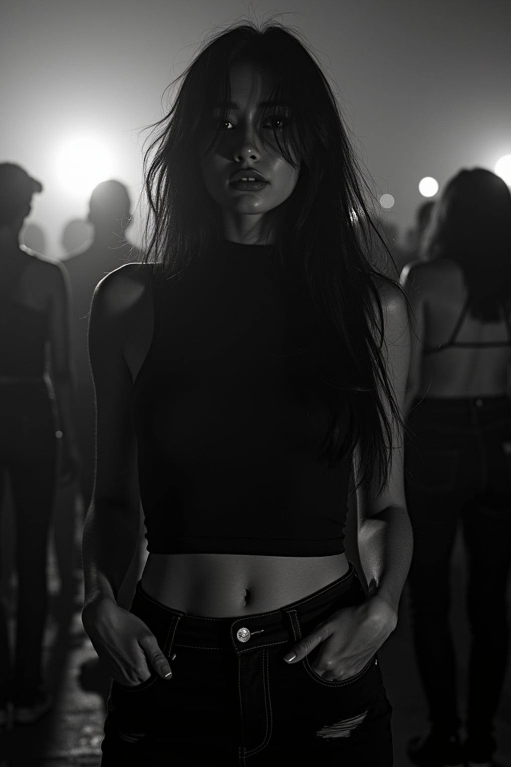 woman at techno party in berghain night club in berlin. at night. the woman wears a black high neck tanktop. and ripped black jeans.