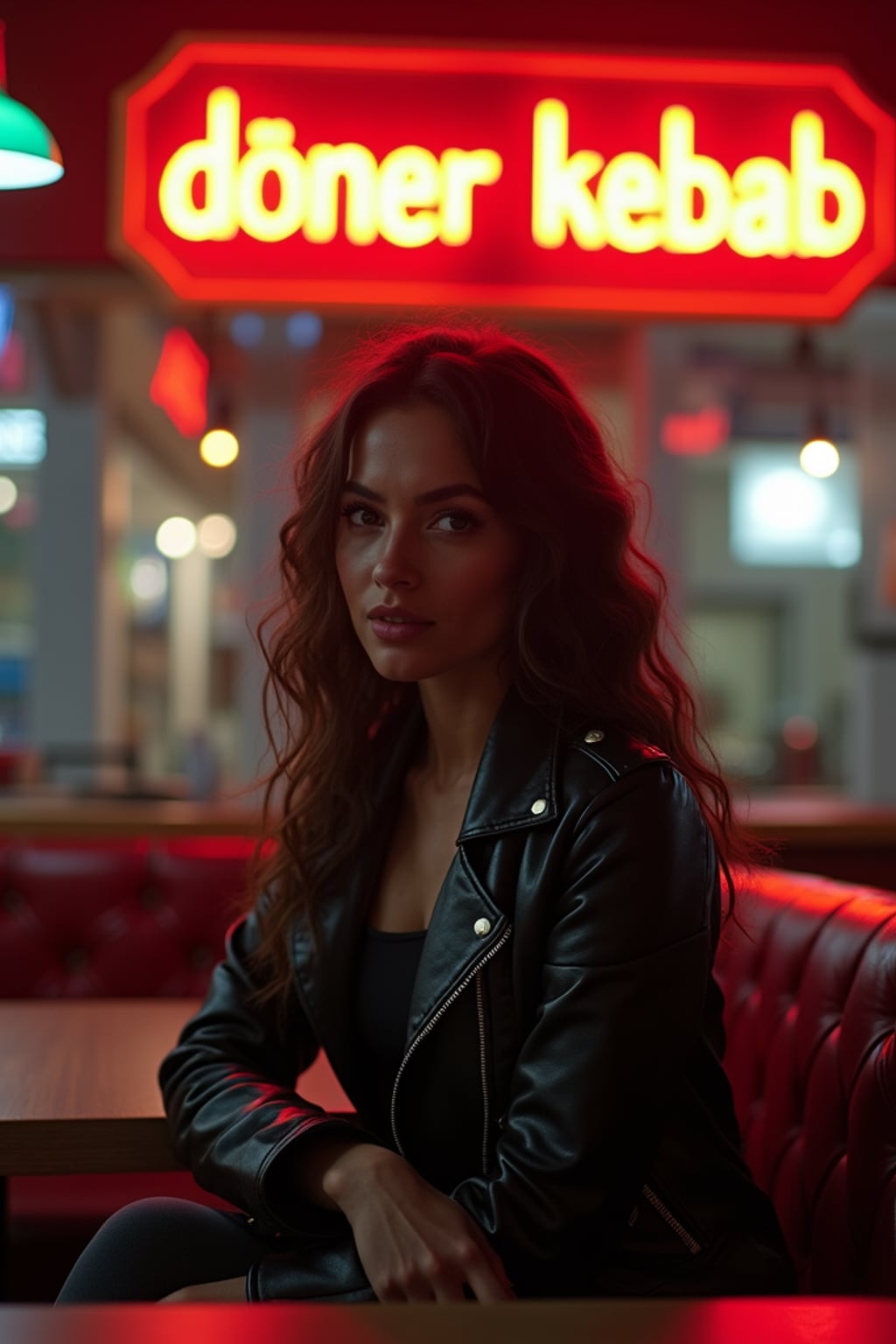 woman sitting at an indoor Doner Kebab Takeaway Restaurant at night. the woman wears black leather jacket. neon light say "döner kebab" in caps.