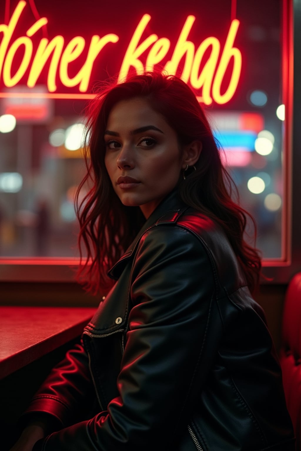 woman sitting at an indoor Doner Kebab Takeaway Restaurant at night. the woman wears black leather jacket. neon light say "döner kebab" in caps.