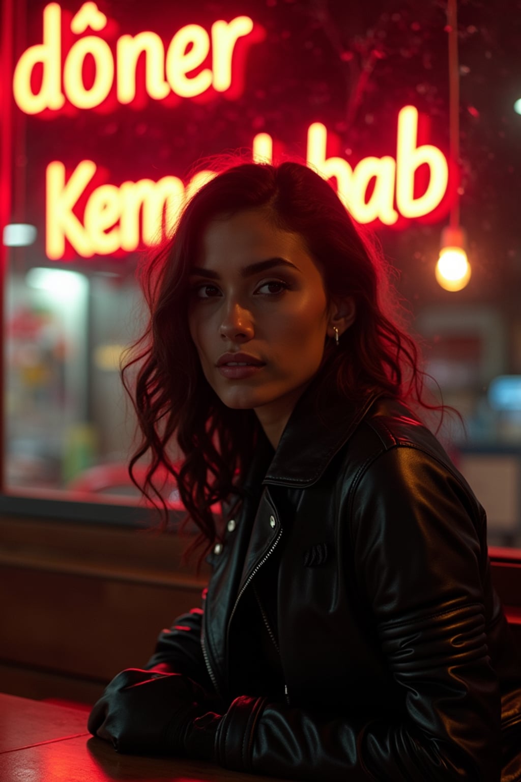 woman sitting at an indoor Doner Kebab Takeaway Restaurant at night. the woman wears black leather jacket. neon light say "döner kebab" in caps.