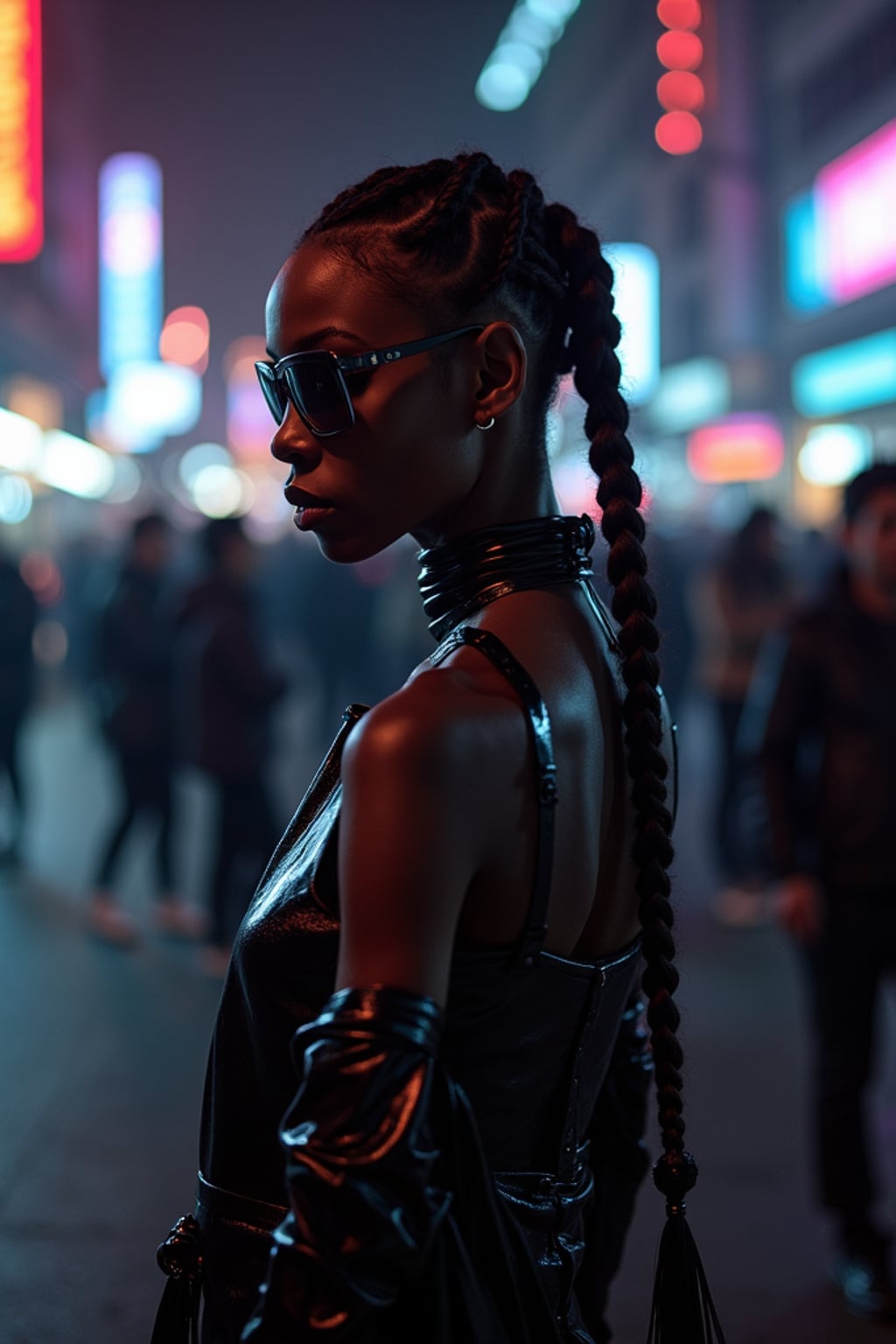woman outside techno party outside berghain night club in berlin at night. the woman wears black sheer leather dress with a lot of cut outs, futuristic techno design. clean cuts. hair in futuristic braids.