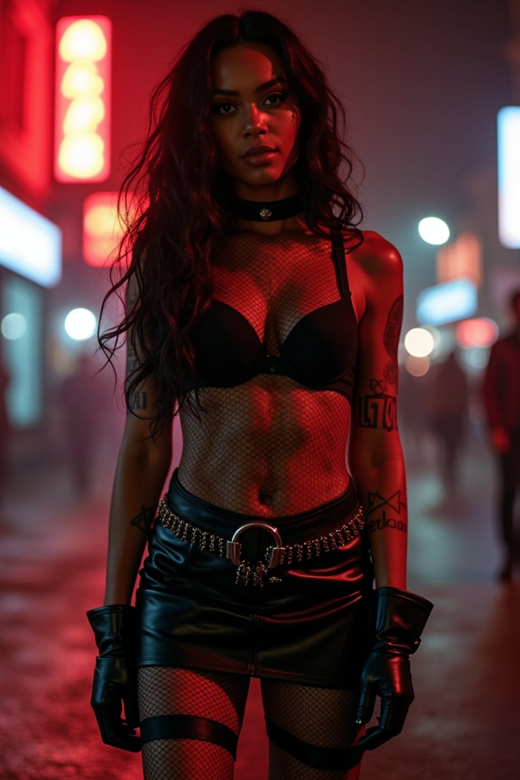 woman outside techno party outside berghain night club in berlin at night. the woman wears fishnet top, black bra underneath, black leather skirt,   fishnet stockings, black boots. garter straps, bdsm harness, garter  belts