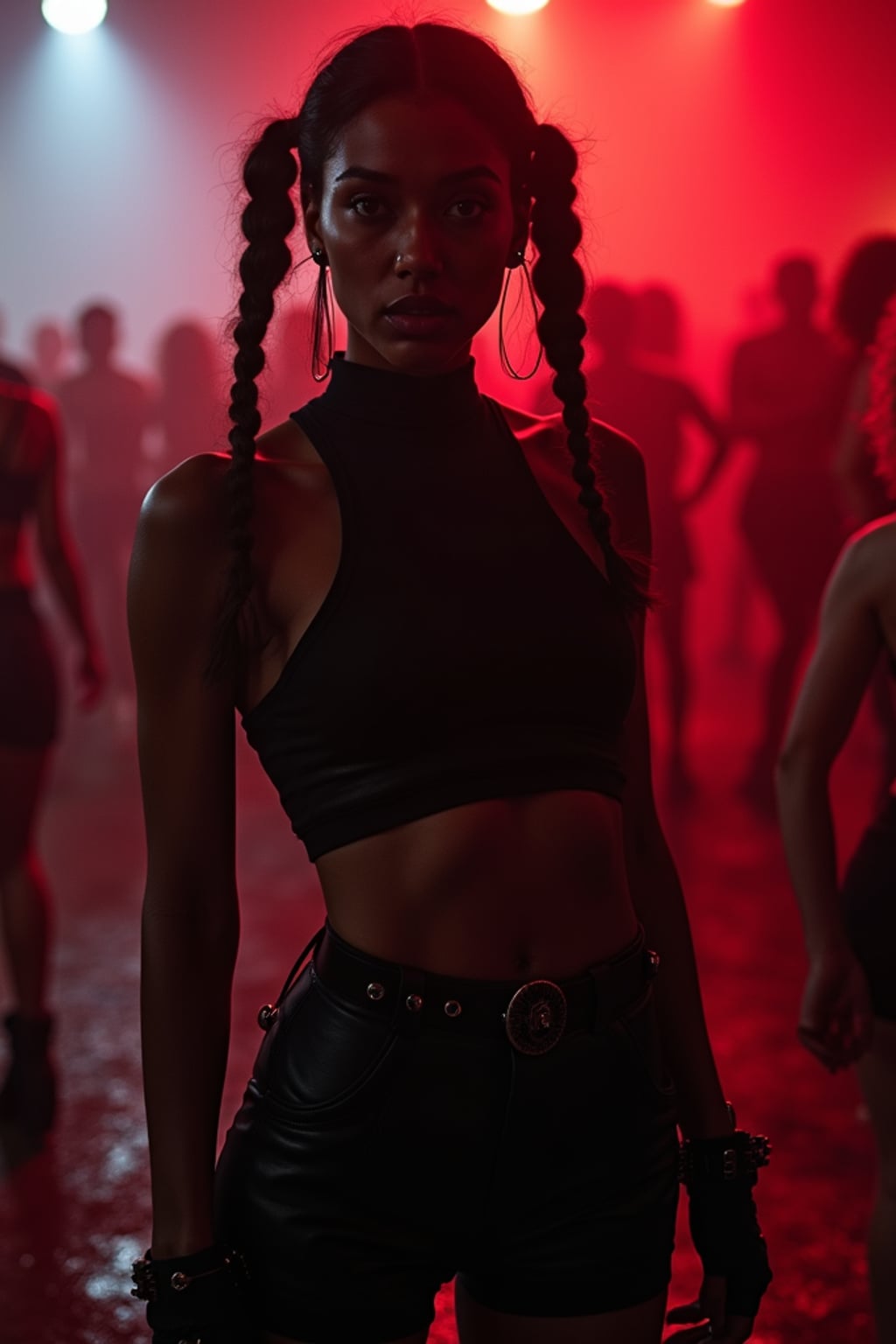 woman at techno party in Berghain night club in Berlin. at night. woman wears black yoga shorts, black sleeveless high neck top, and black combat boots. pigtails