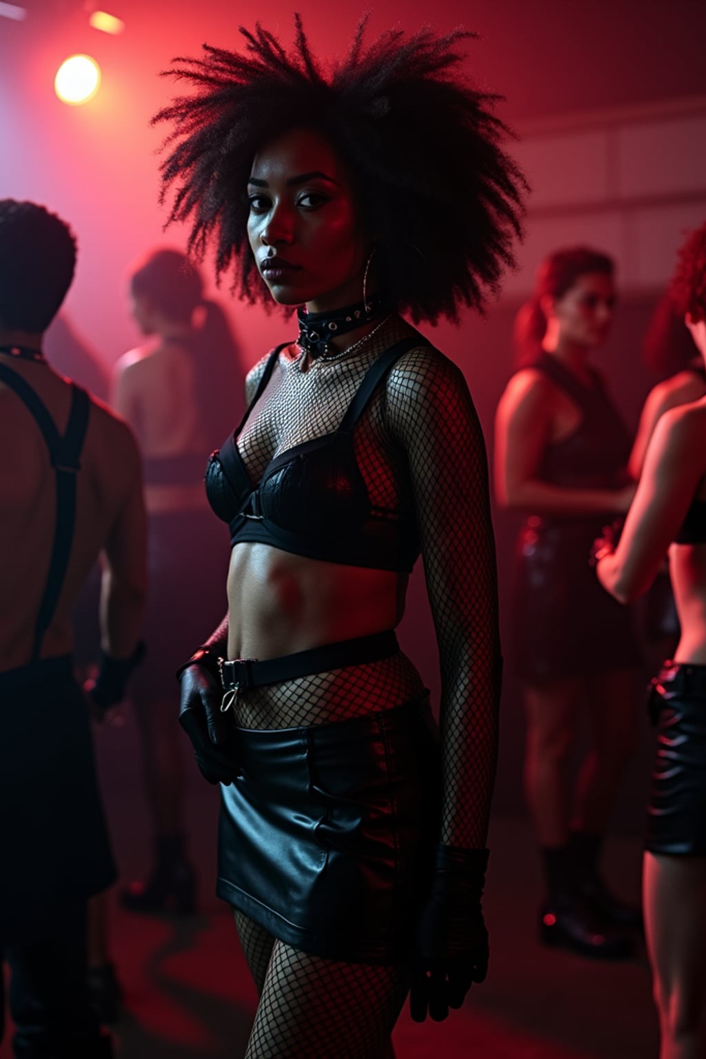 woman at techno party in berghain night club in berlin. at night. the woman wears fishnet top, black bra underneath, black leather skirt,   fishnet stockings, black boots. garter straps, bdsm harness, garter  belts