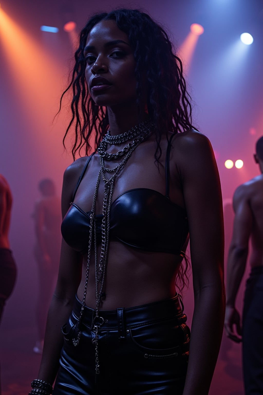 cool woman at techno party in berghain night club in berlin. at night. the woman is shirtless with a black leather crop top and black leather pants, black collar choker . body covered in metal chains.