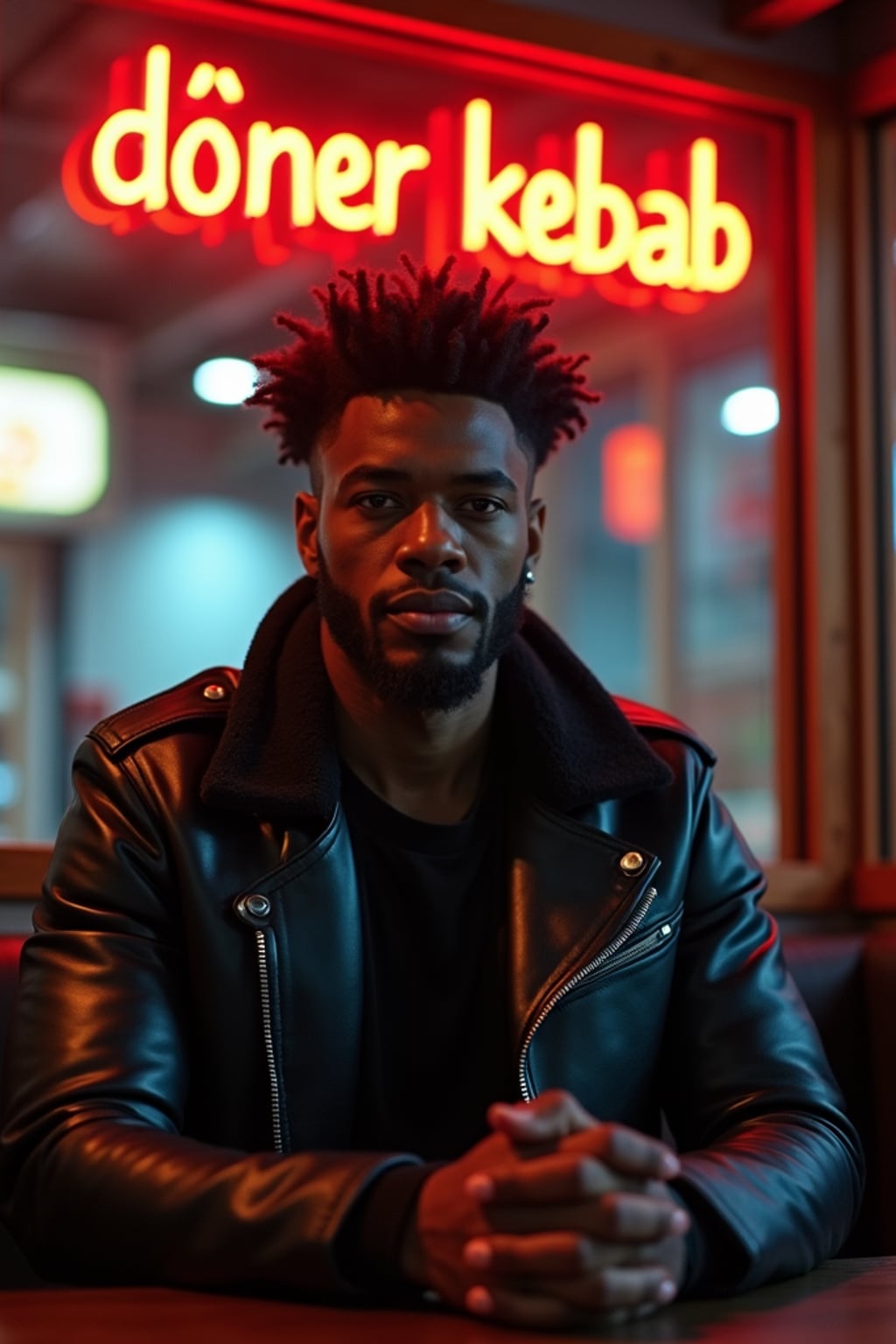 man sitting at an indoor Doner Kebab Takeaway Restaurant at night. the man wears black leather jacket. neon light say "döner kebab" in caps.