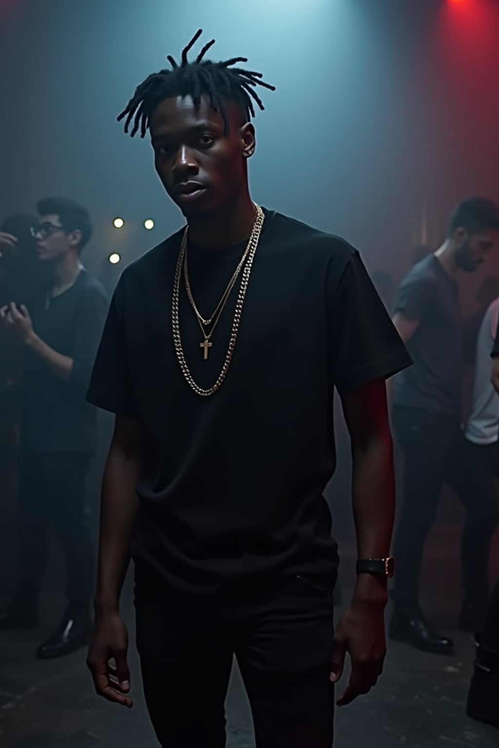 man at techno party in Berghain night club in Berlin. at night. man wears  black oversized t-shirt, gold chain, black jeans, and black combat boots