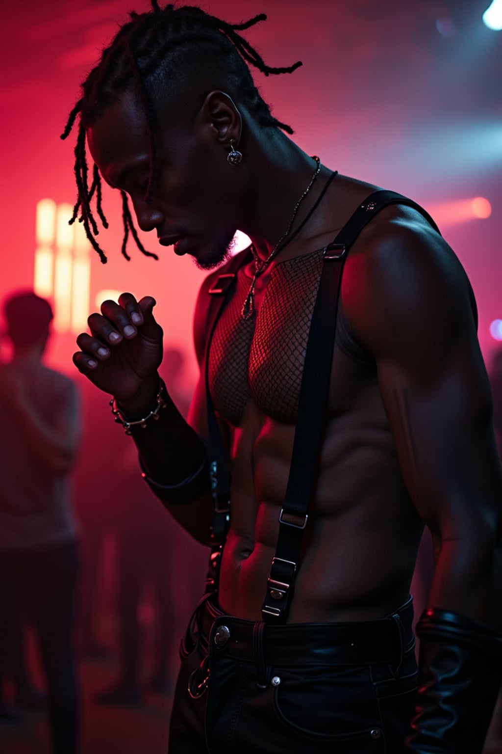 man at techno party in berghain night club in berlin. at night. the man wears fishnet top,   black jeans  fishnet stockings, black boots. garter straps, bdsm harness, garter  belts