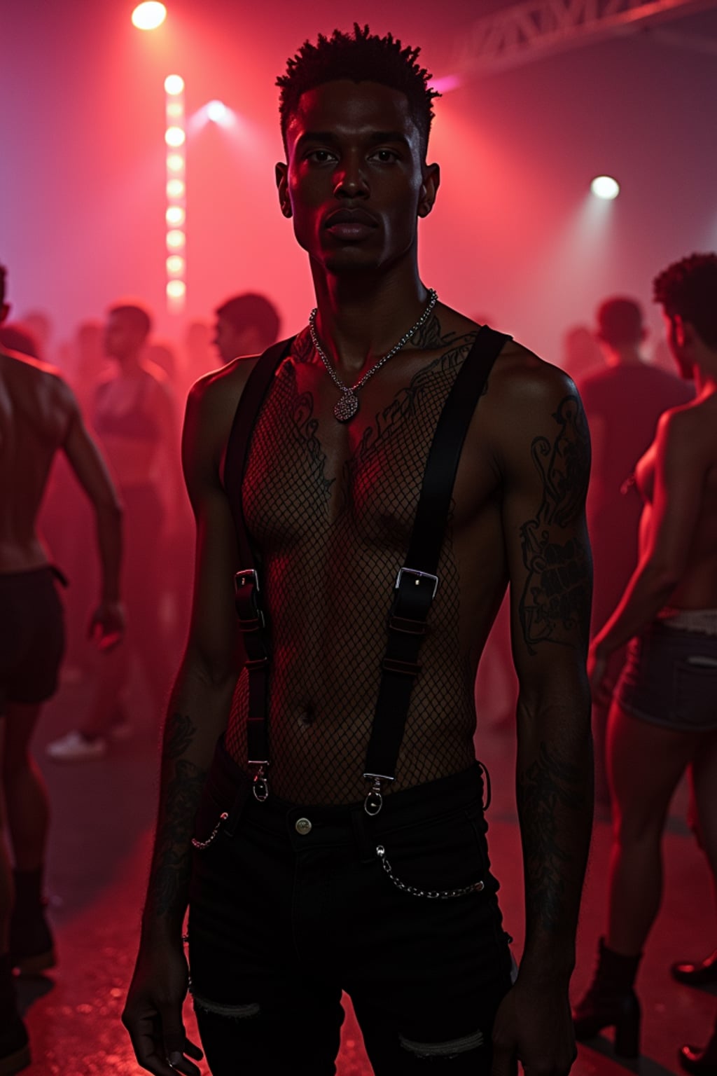 man at techno party in berghain night club in berlin. at night. the man wears fishnet top,   black jeans  fishnet stockings, black boots. garter straps, bdsm harness, garter  belts