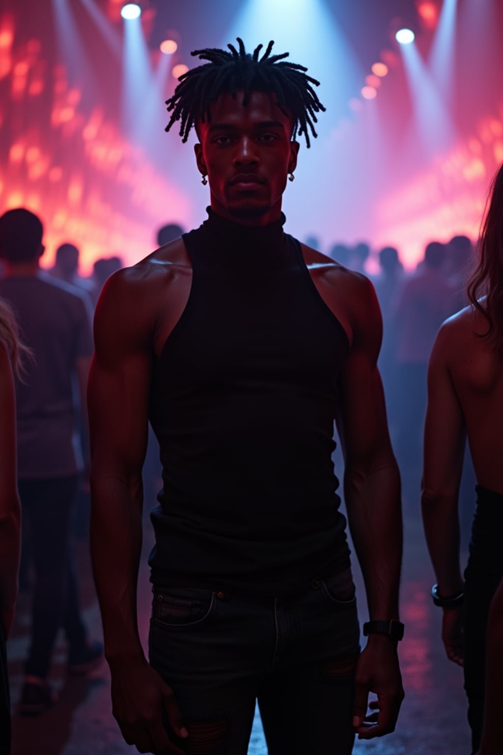 man at techno party in berghain night club in berlin. at night. the man wears a black high neck tanktop. and ripped black jeans.