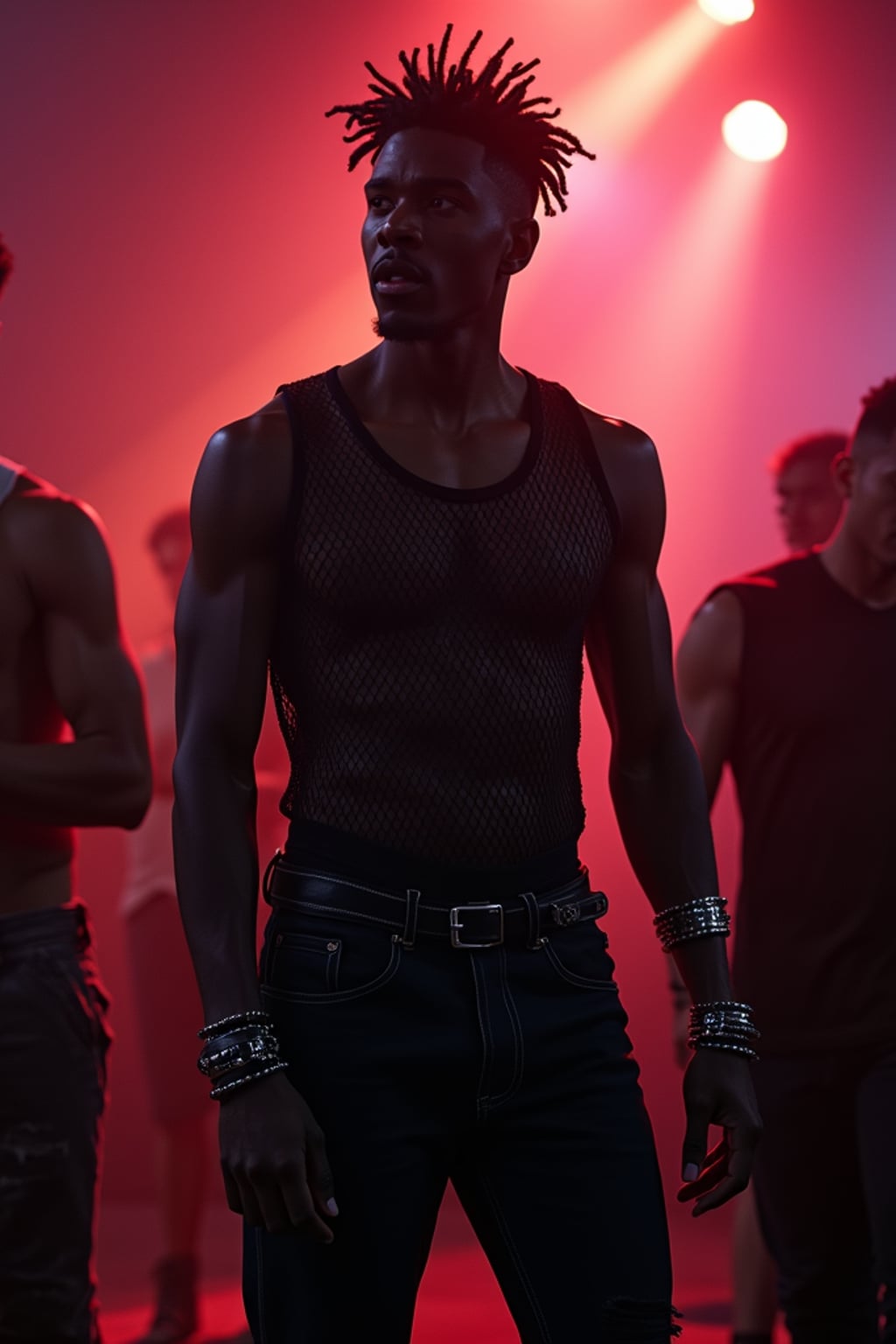 man at techno party in Berghain night club in Berlin. at night. the man wears a  black fishnet tanktop, black jeans, black boots