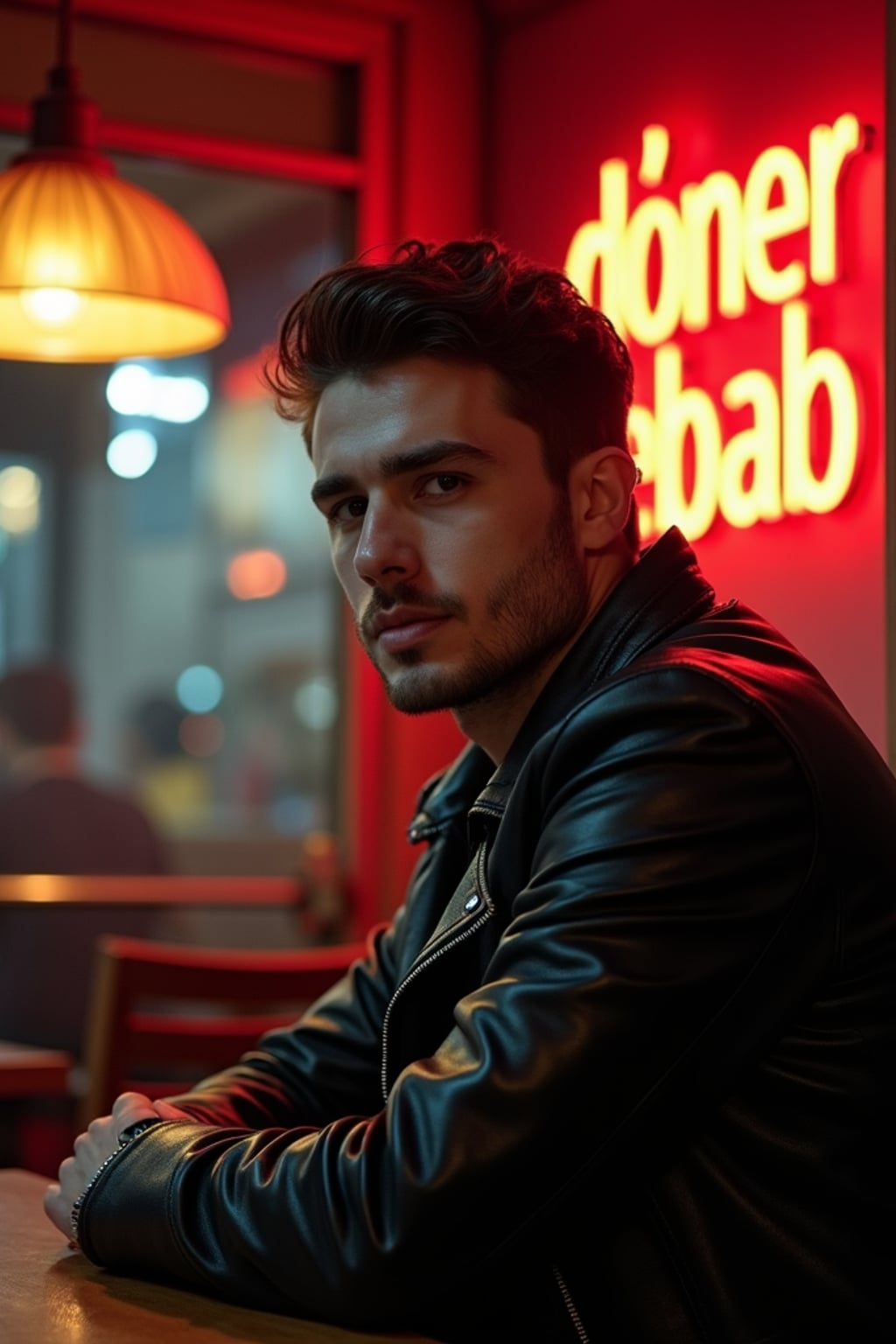 man sitting at an indoor Doner Kebab Takeaway Restaurant at night. the man wears black leather jacket. neon light say "döner kebab" in caps.
