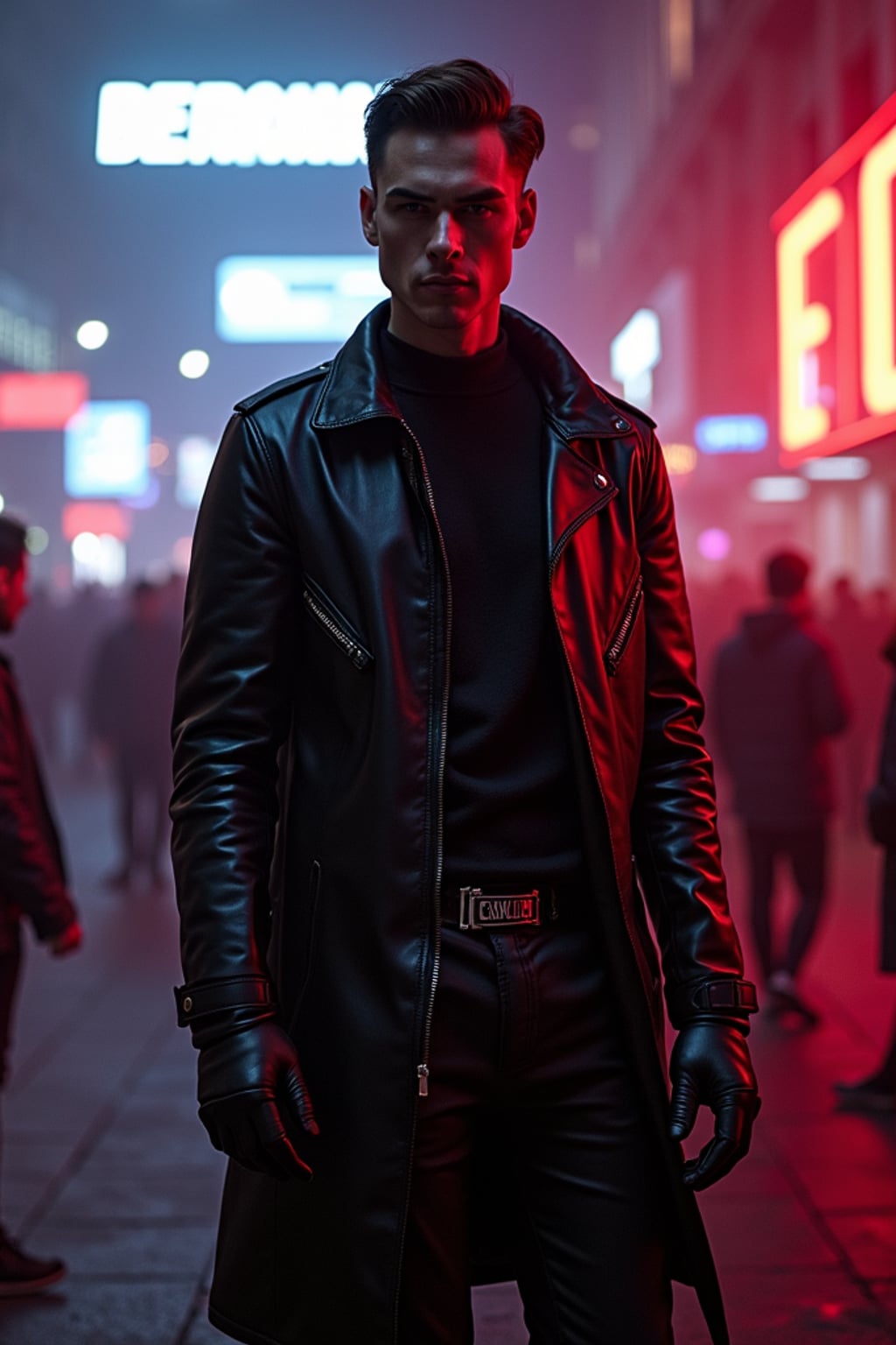 man outside techno party outside berghain night club in berlin at night. the man wears  full leather outfit, futuristic techno design