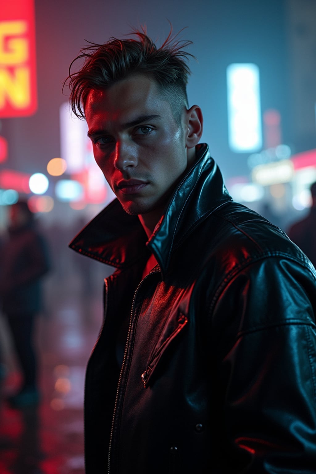 man outside techno party outside berghain night club in berlin at night. the man wears  full leather outfit, futuristic techno design