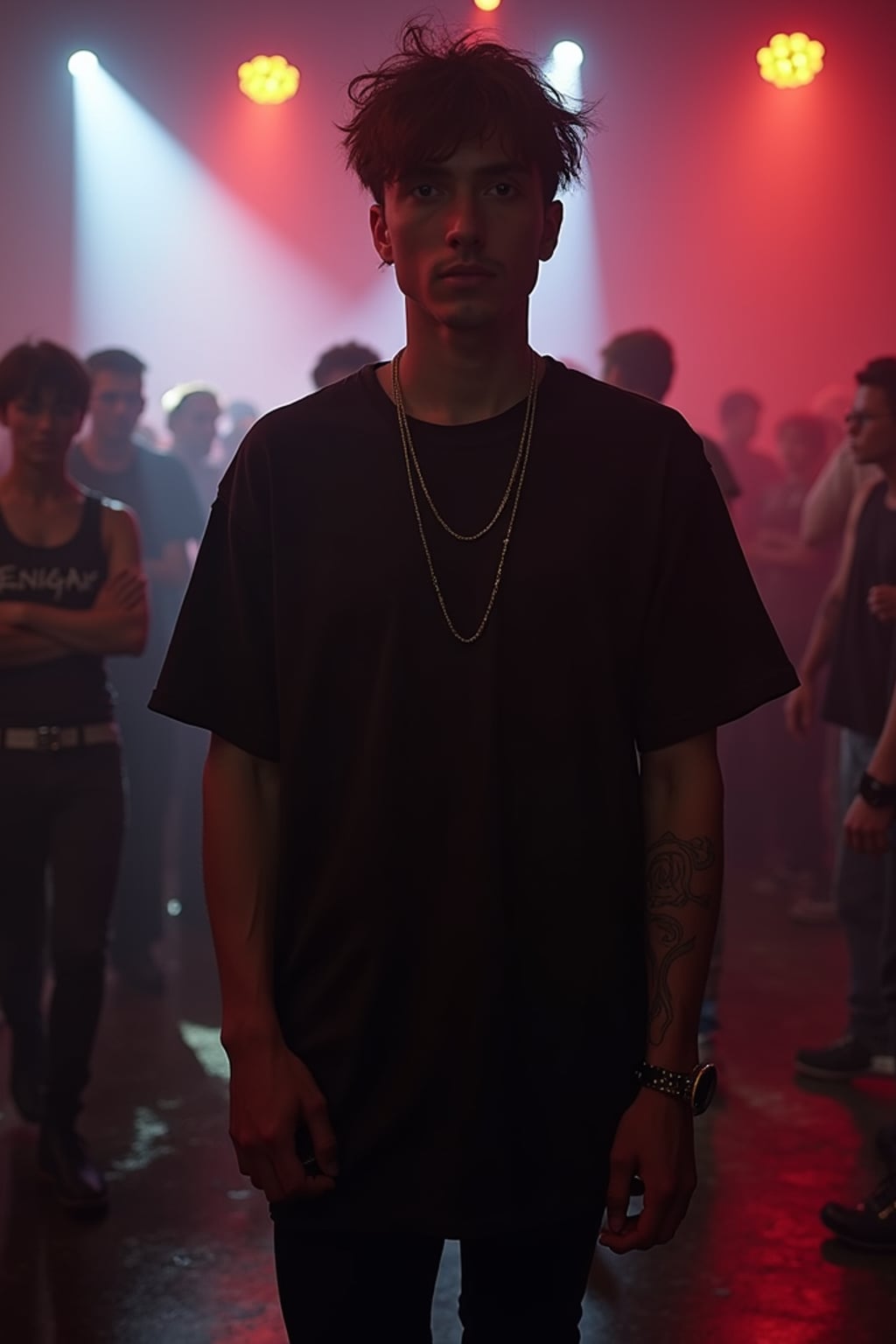 man at techno party in Berghain night club in Berlin. at night. man wears  black oversized t-shirt, gold chain, black jeans, and black combat boots