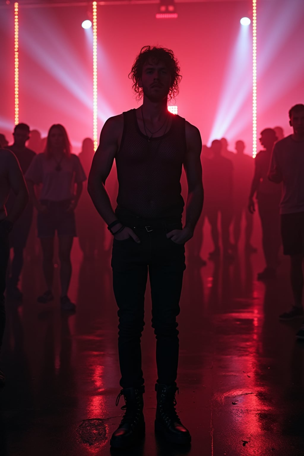 man at techno party in Berghain night club in Berlin. at night. the man wears a  black fishnet tanktop, black jeans, black boots