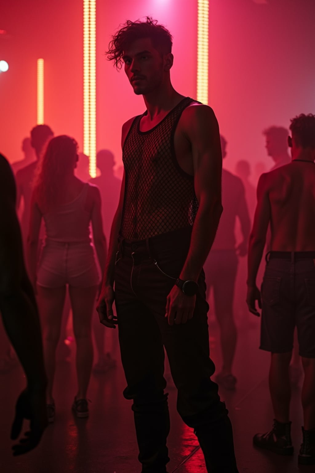 man at techno party in Berghain night club in Berlin. at night. the man wears a  black fishnet tanktop, black jeans, black boots
