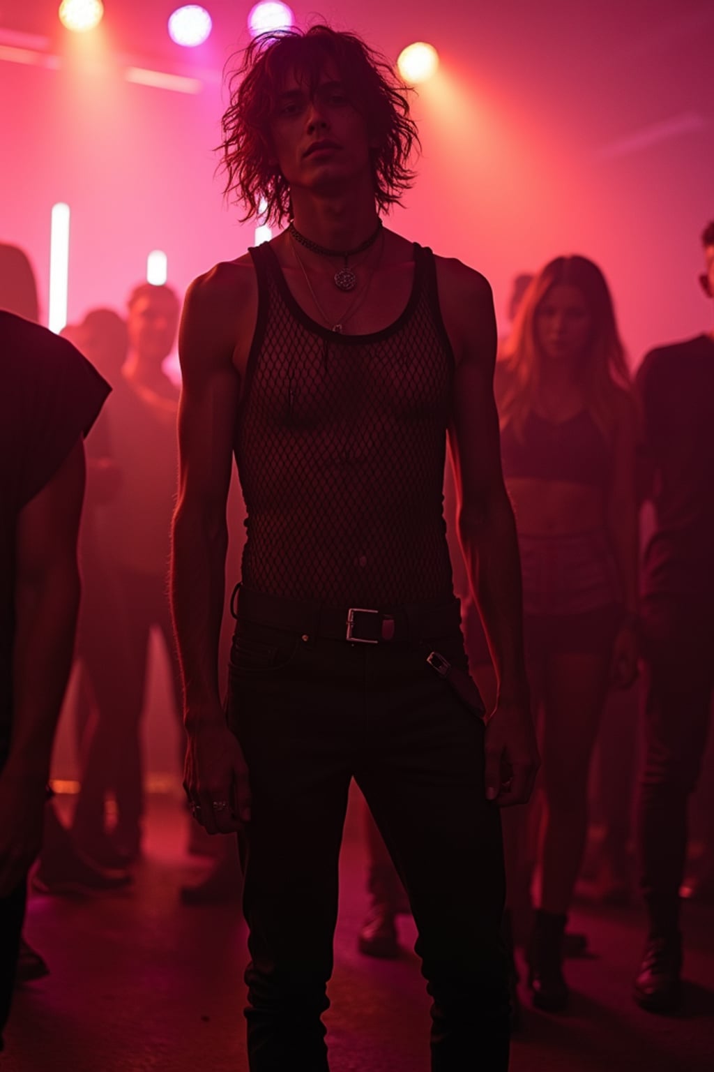 man at techno party in Berghain night club in Berlin. at night. the man wears a  black fishnet tanktop, black jeans, black boots