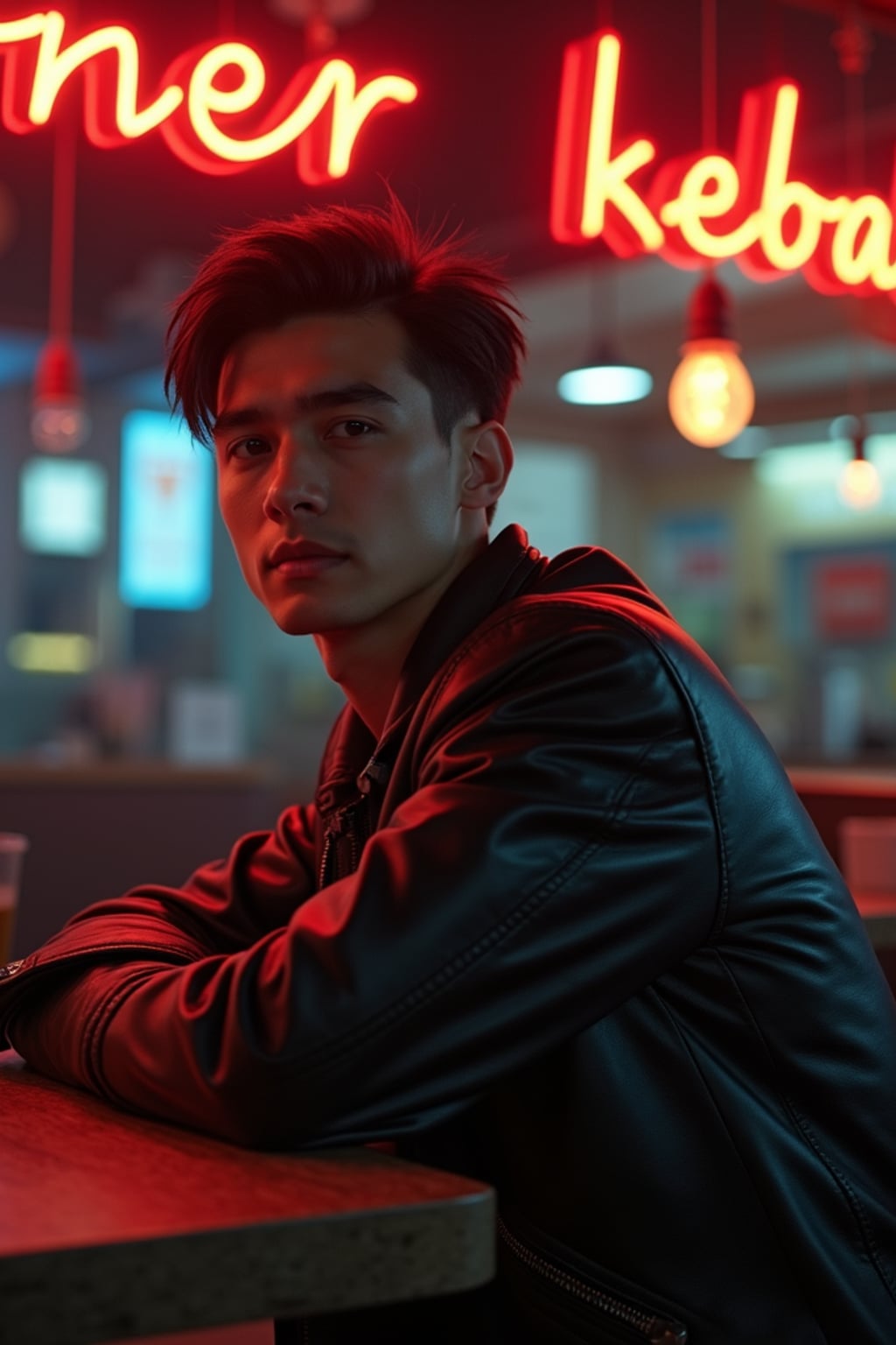 man sitting at an indoor Doner Kebab Takeaway Restaurant at night. the man wears black leather jacket. neon light say "döner kebab" in caps.