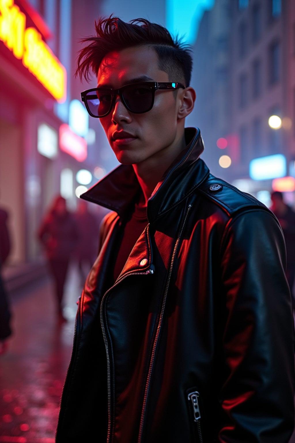 man outside techno party outside berghain night club in berlin at night. the man wears  full leather outfit, futuristic techno design