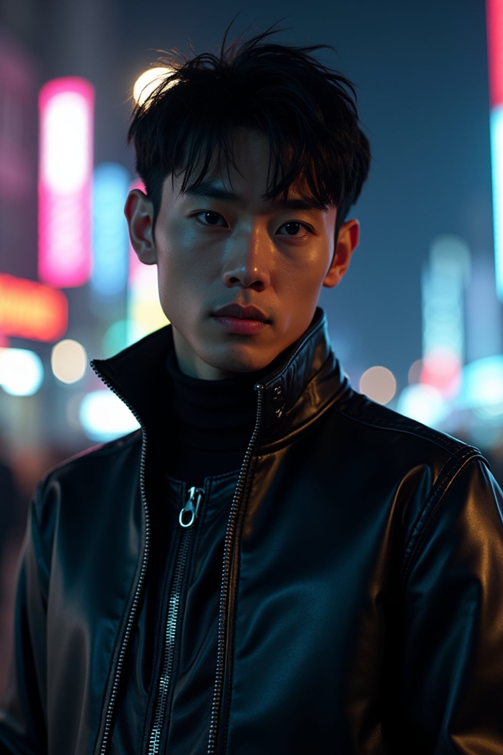 man outside techno party outside berghain night club in berlin at night. the man wears  full leather outfit, futuristic techno design