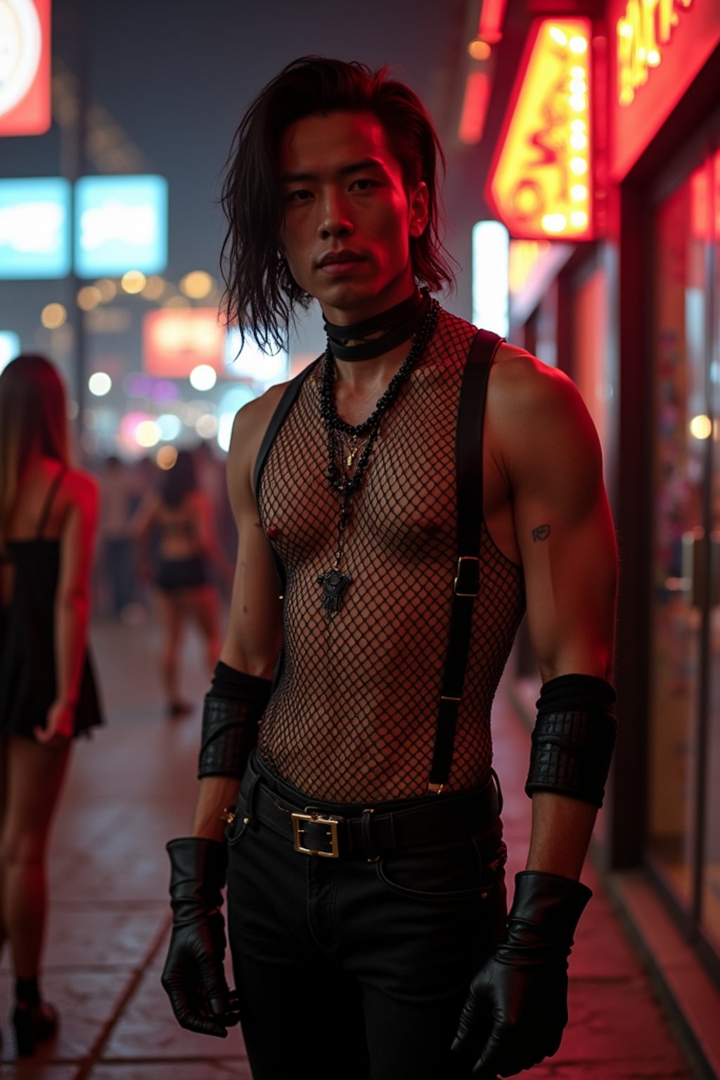 man outside techno party outside berghain night club in berlin at night. the man wears fishnet top,   black jeans  fishnet stockings, black boots. garter straps, bdsm harness, garter  belts