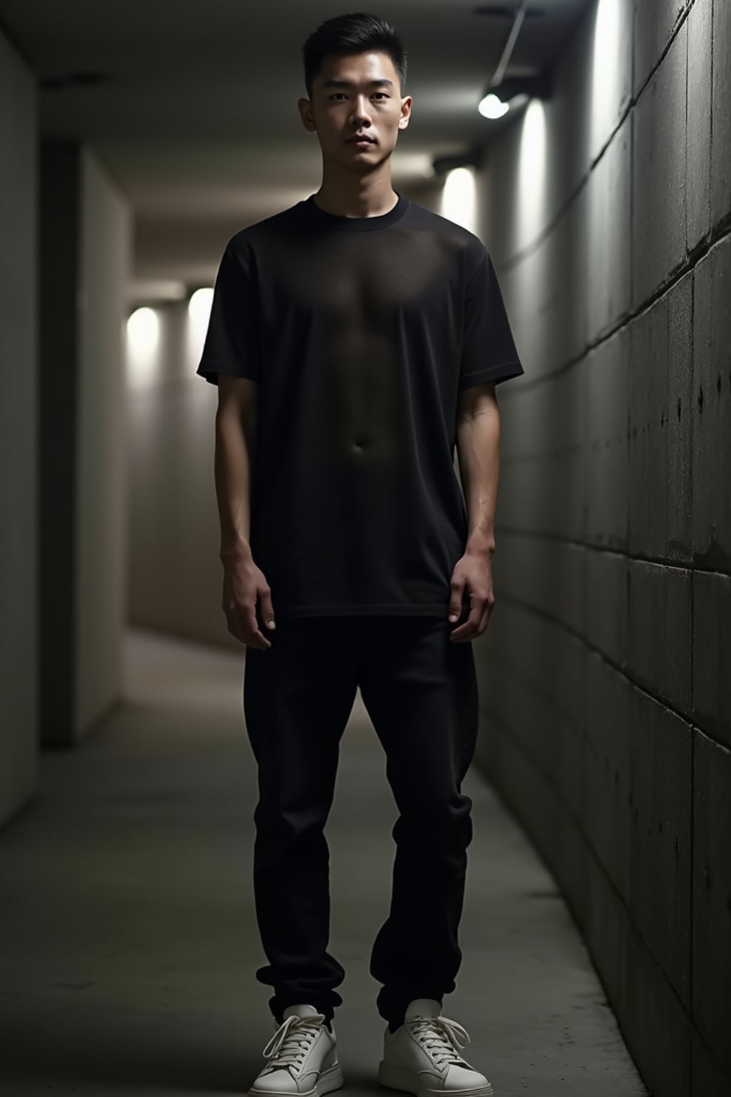 man at techno party in berghain night club in berlin. the night club has concrete walls and is very minimalist. at night. the man wears a  black sheer top, black jeans, white sneakers