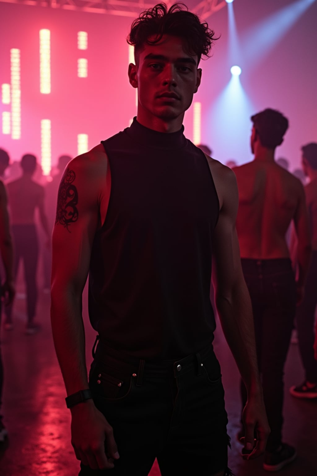man at techno party in berghain night club in berlin. at night. the man wears a black high neck tanktop. and ripped black jeans.
