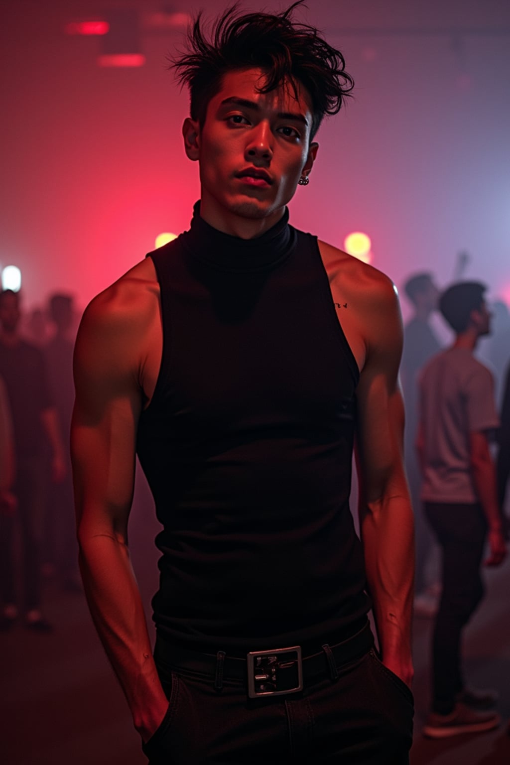 man at techno party in berghain night club in berlin. at night. the man wears a black high neck tanktop. and ripped black jeans.