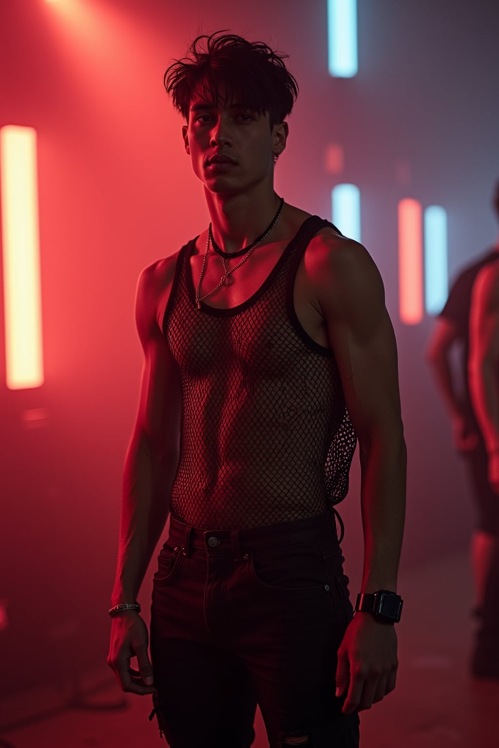 man at techno party in Berghain night club in Berlin. at night. the man wears a  black fishnet tanktop, black jeans, black boots