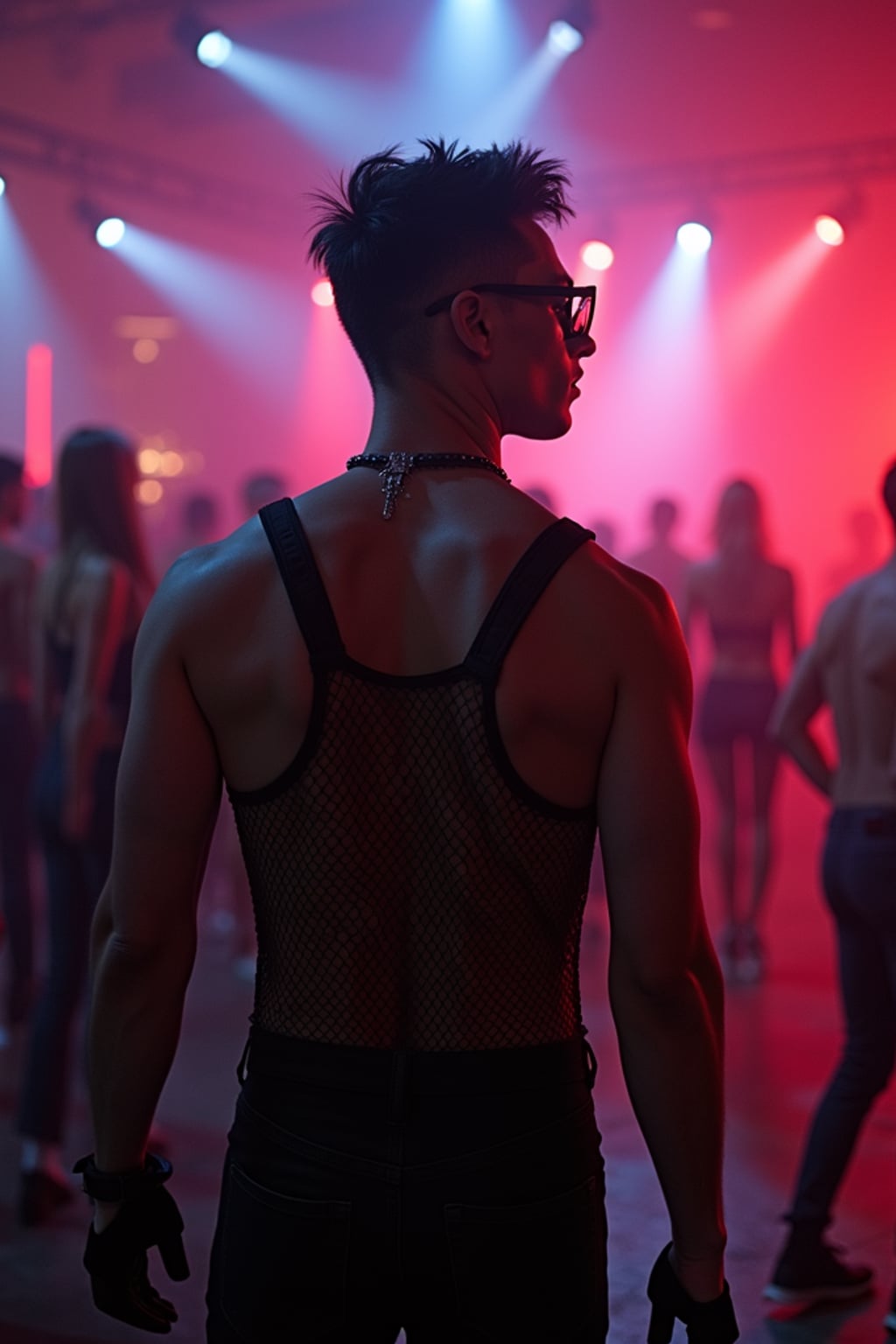man at techno party in Berghain night club in Berlin. at night. the man wears a  black fishnet tanktop, black jeans, black boots