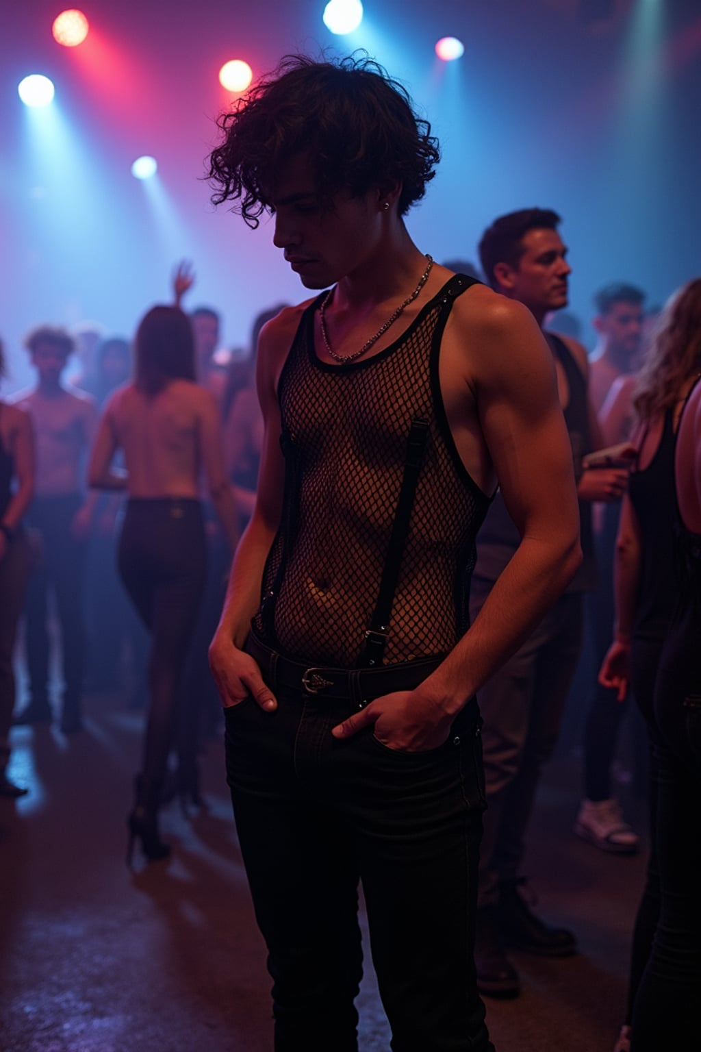man at techno party in Berghain night club in Berlin. at night. the man wears a  black fishnet tanktop, black jeans, black boots