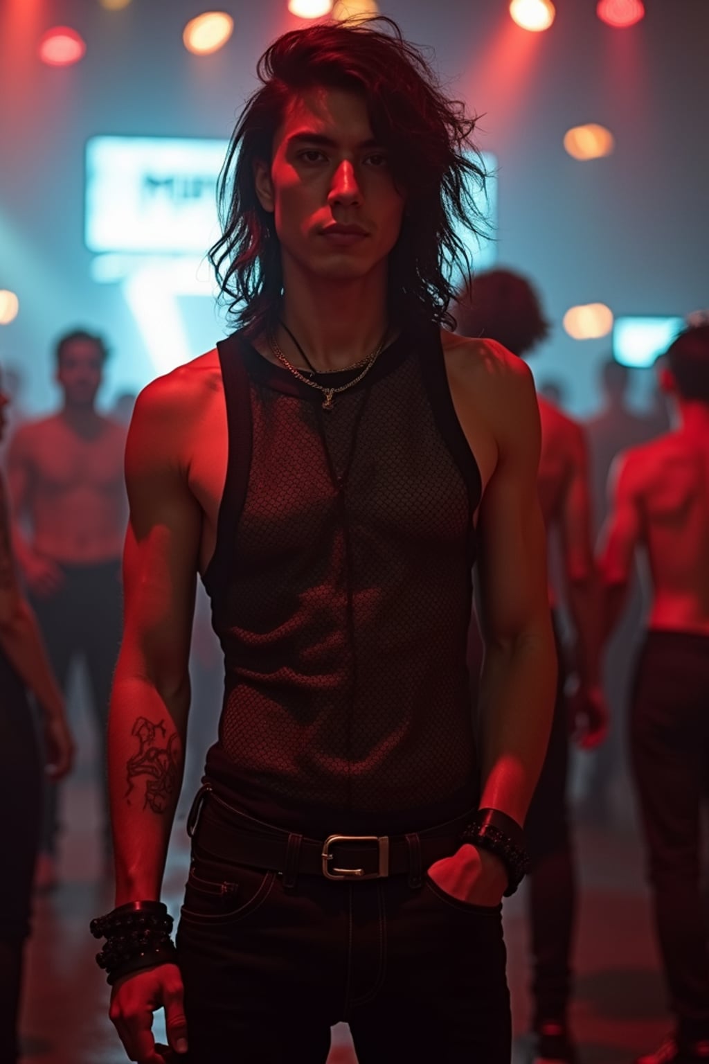 man at techno party in Berghain night club in Berlin. at night. the man wears a  black fishnet tanktop, black jeans, black boots