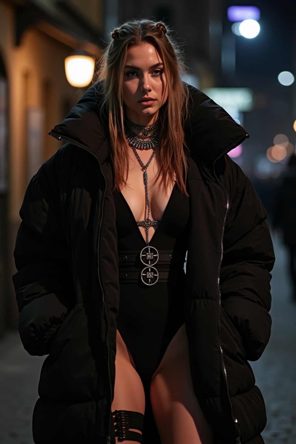 woman, wearing oversized black puffer coat outside night club in berlin at night. underneath puffer coat she wears black swimsuit or bodysuit with garter straps, garter belts, bdsm harness, metal chains, braided knots hairstyle
