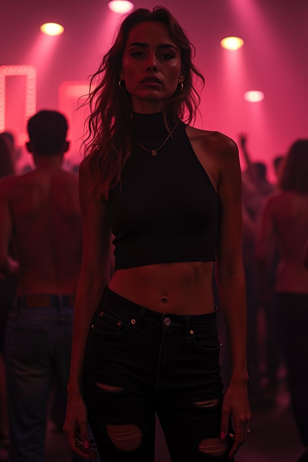 woman at techno party in berghain night club in berlin. at night. the woman wears a black high neck tanktop. and ripped black jeans.