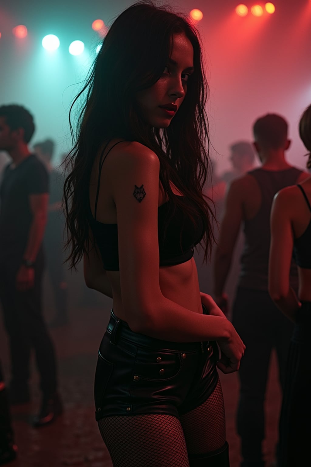 woman at techno party in Berghain night club in Berlin. at night. the woman wears a black sheer top, black leather shorts, black mesh fishnet stockings. and black boots.