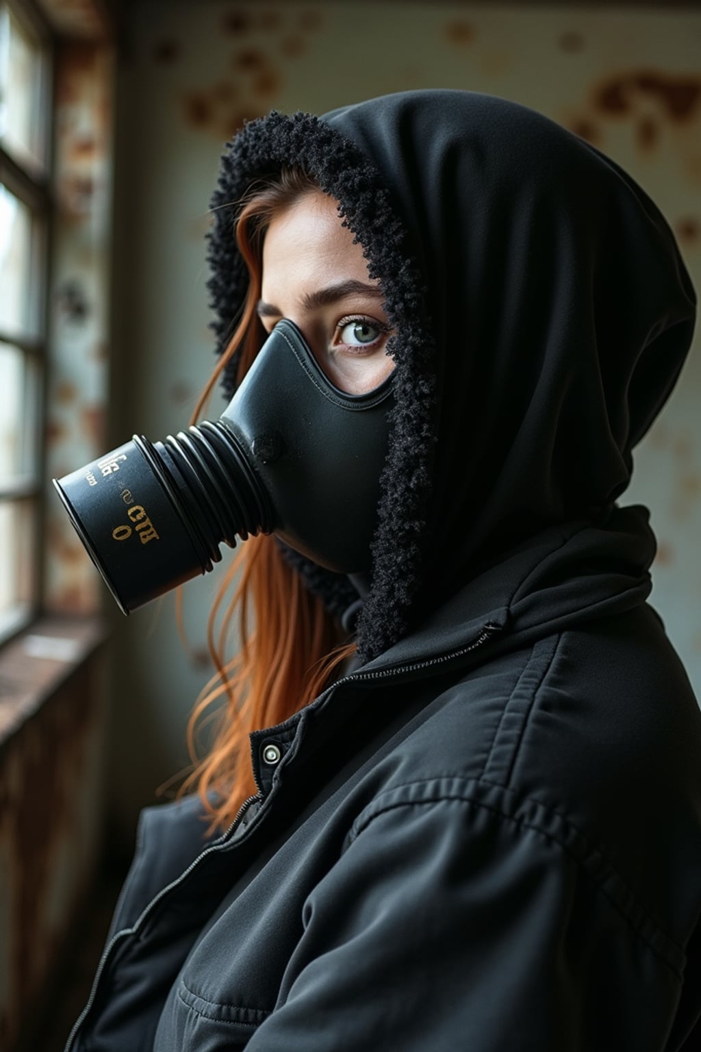 woman wearing black gas mask in abandoned rusty Chernobyl.