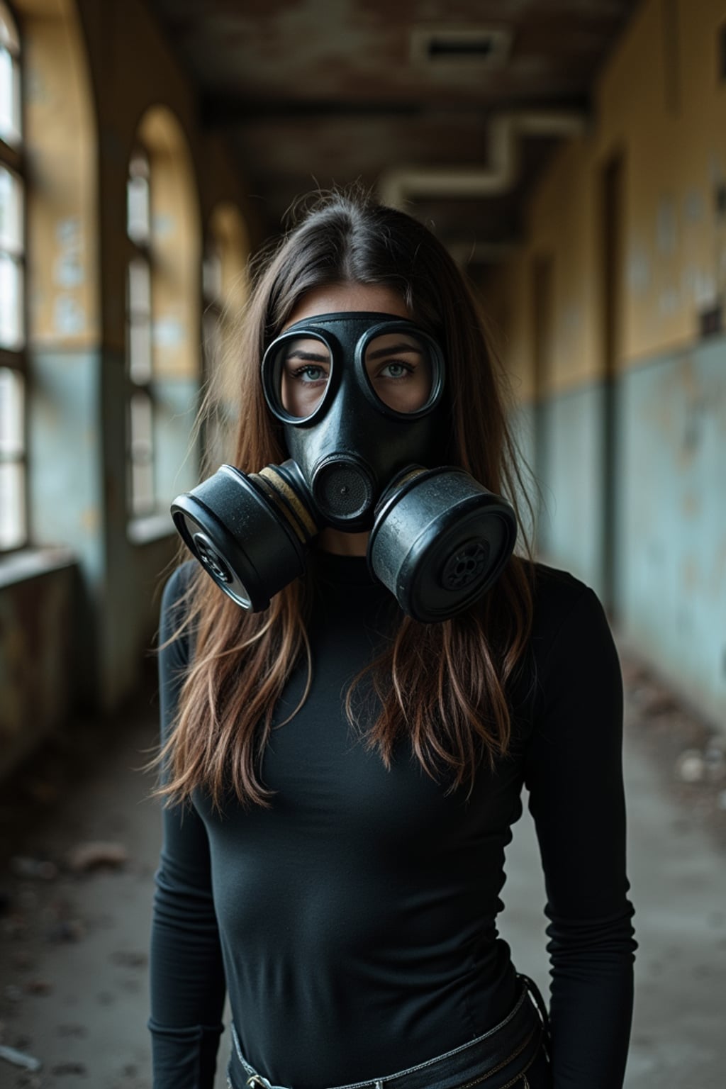 woman wearing black gas mask in abandoned rusty Chernobyl.