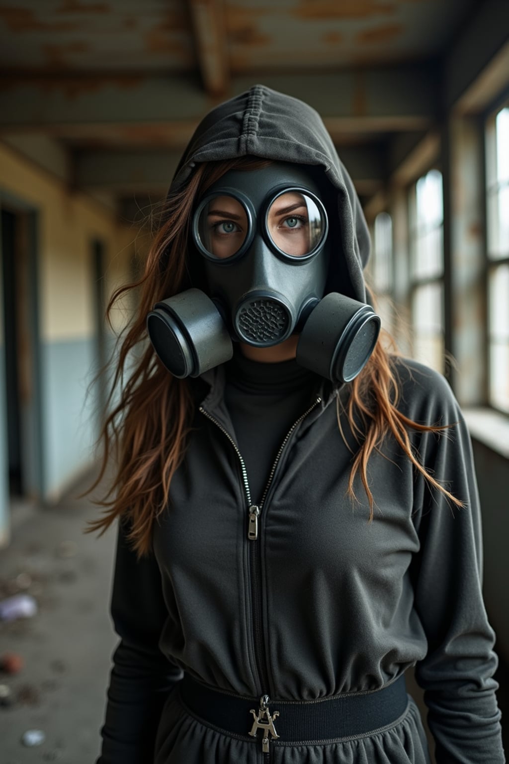 woman wearing black gas mask in abandoned rusty Chernobyl.