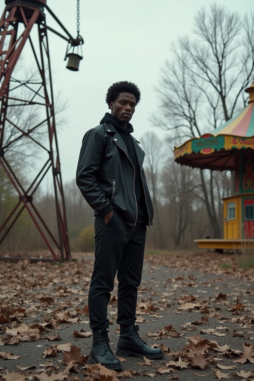 man in abandoned overgrown amusement park with amusement rides in Chernobyl. wearing black boots and black pants.