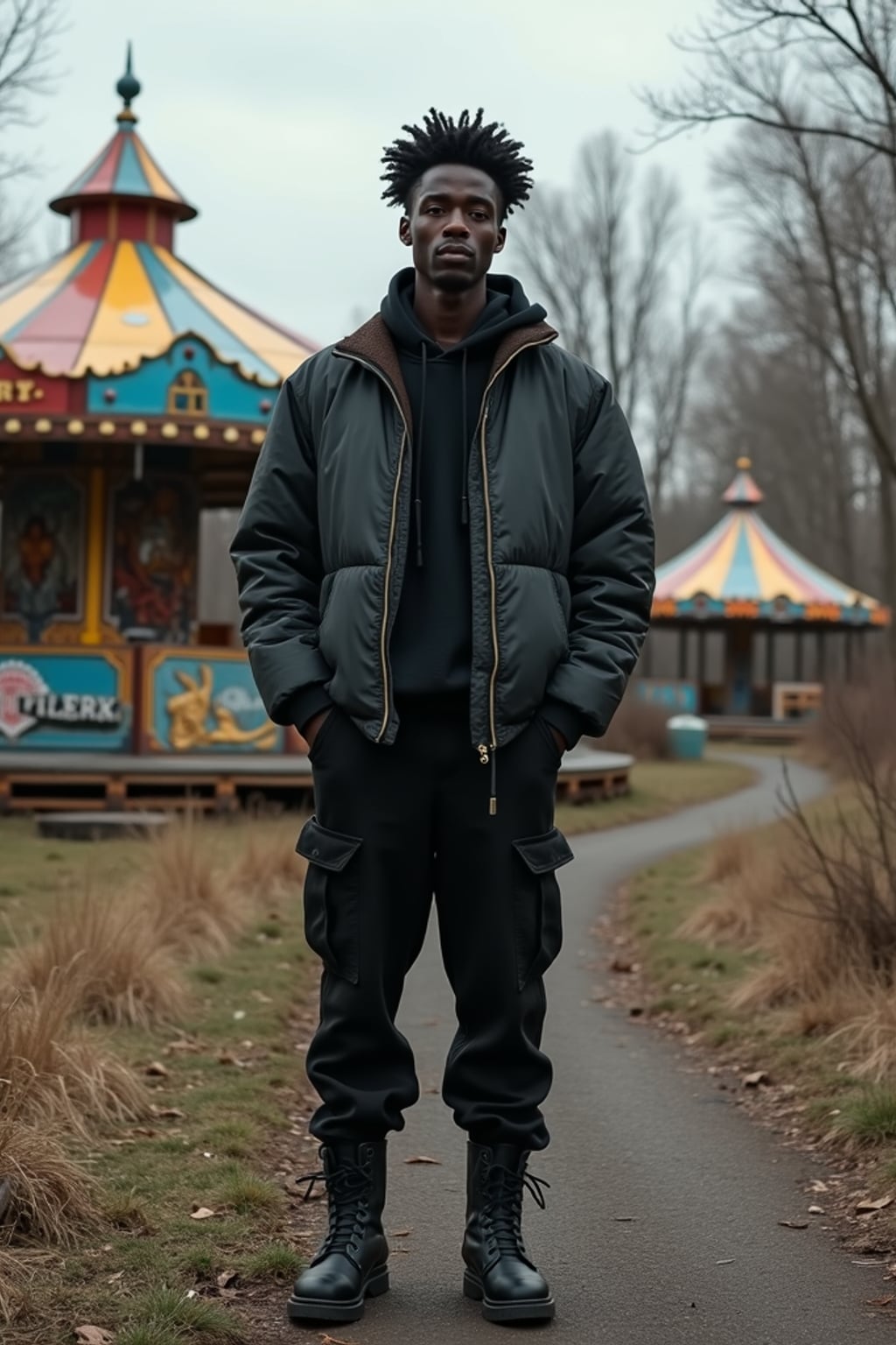 man in abandoned overgrown amusement park with amusement rides in Chernobyl. wearing black boots and black pants.