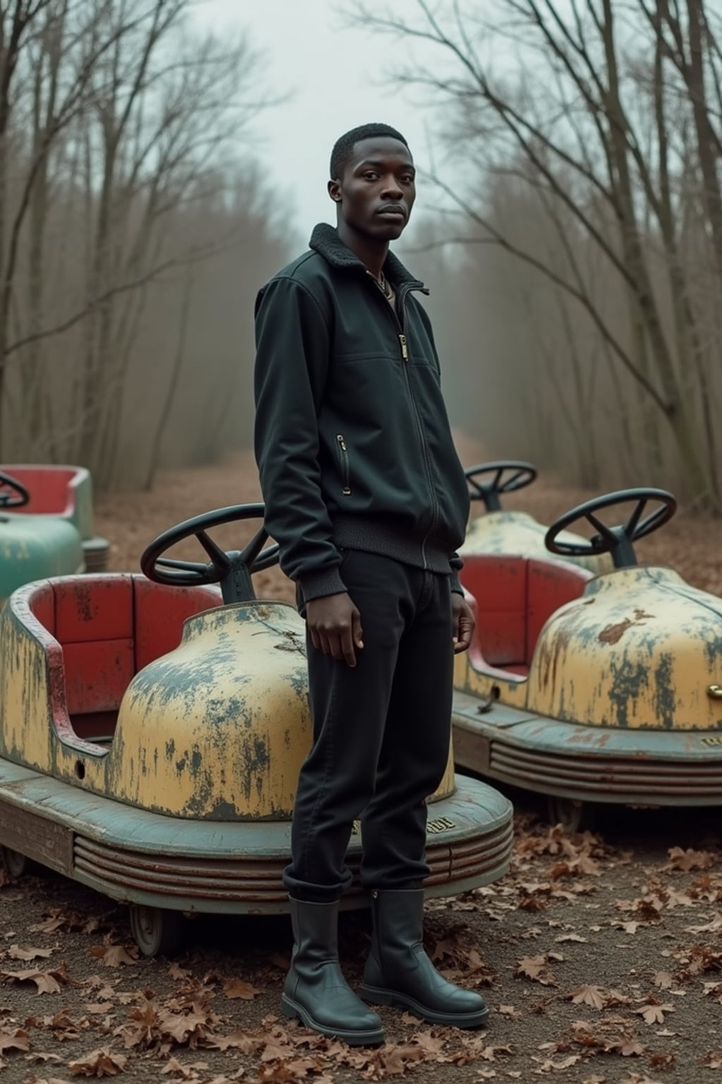 man in front of rusty bumper cars in abandoned overgrown amusement park in Chernobyl. wearing black boots and black pants.