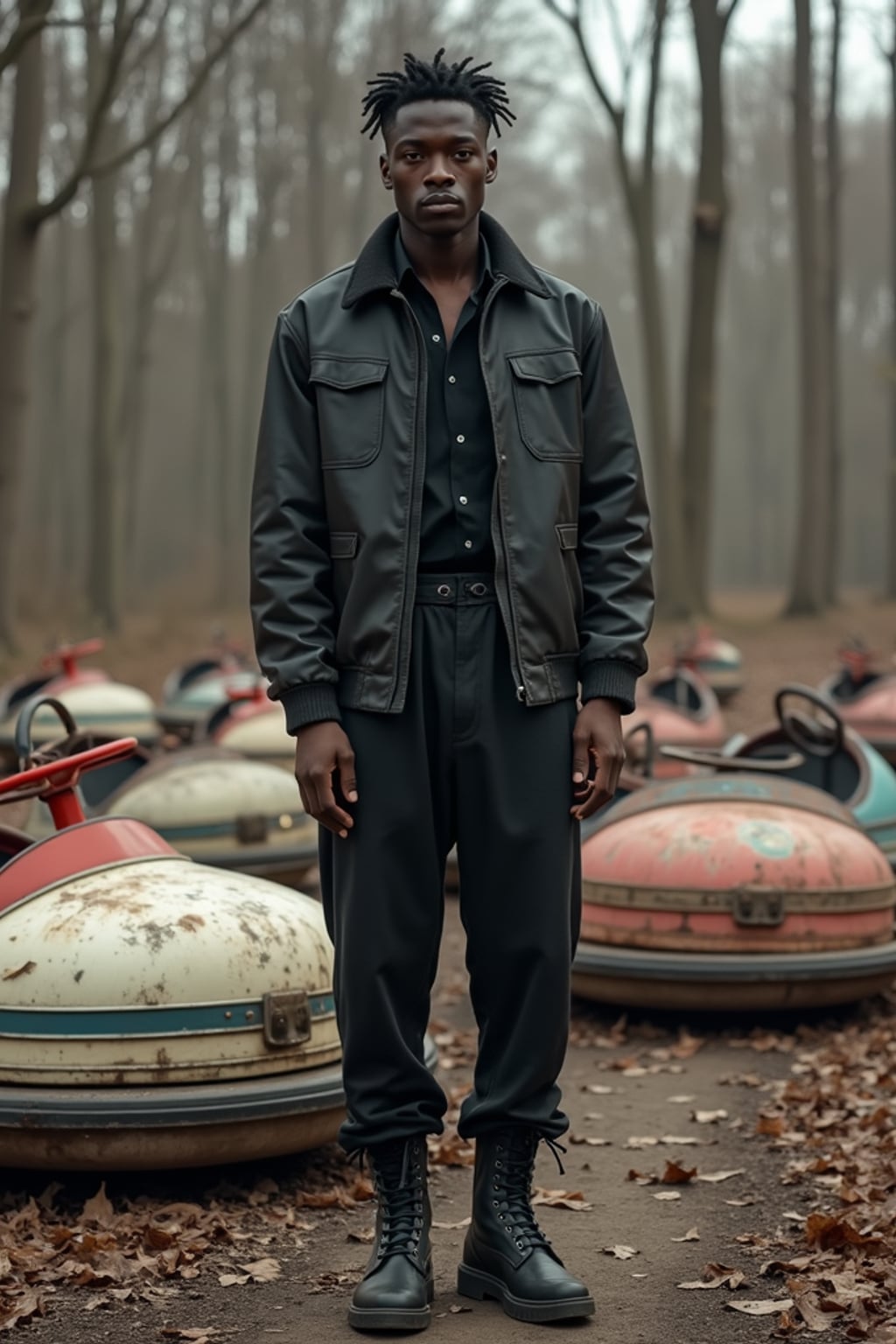man in front of rusty bumper cars in abandoned overgrown amusement park in Chernobyl. wearing black boots and black pants.