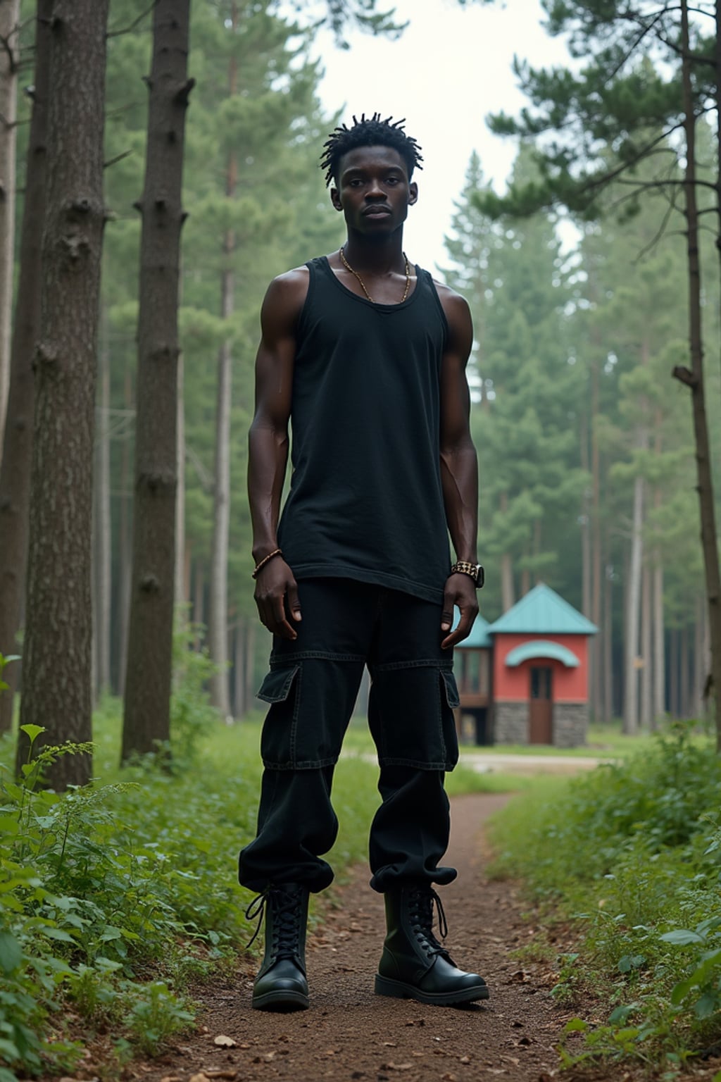 man in the overgrown Pripyat forest, trees towering over crumbling buildings and abandoned playgrounds in the background. wearing black boots and black pants and black tank top.
